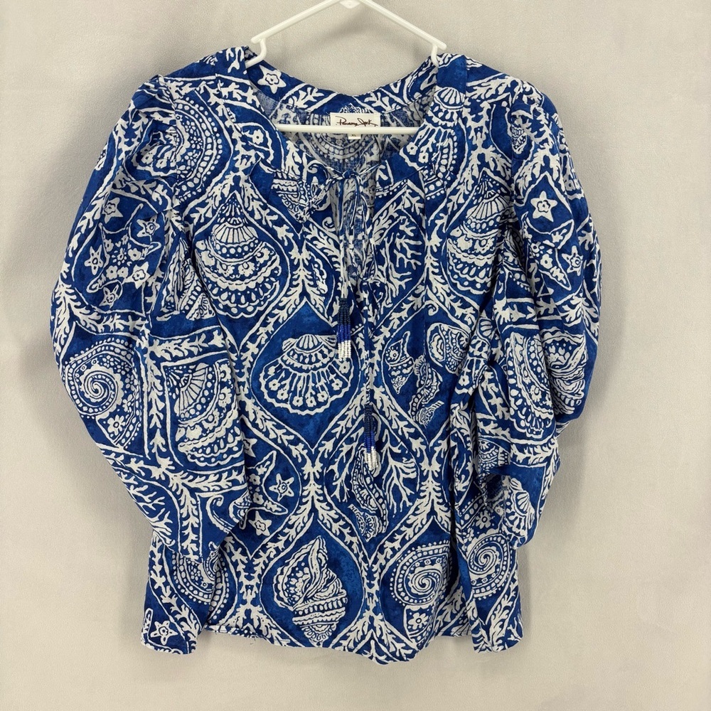 Panama Jack Blue White Linen Rayon Beaded Tassel Boho Peasant Top XL